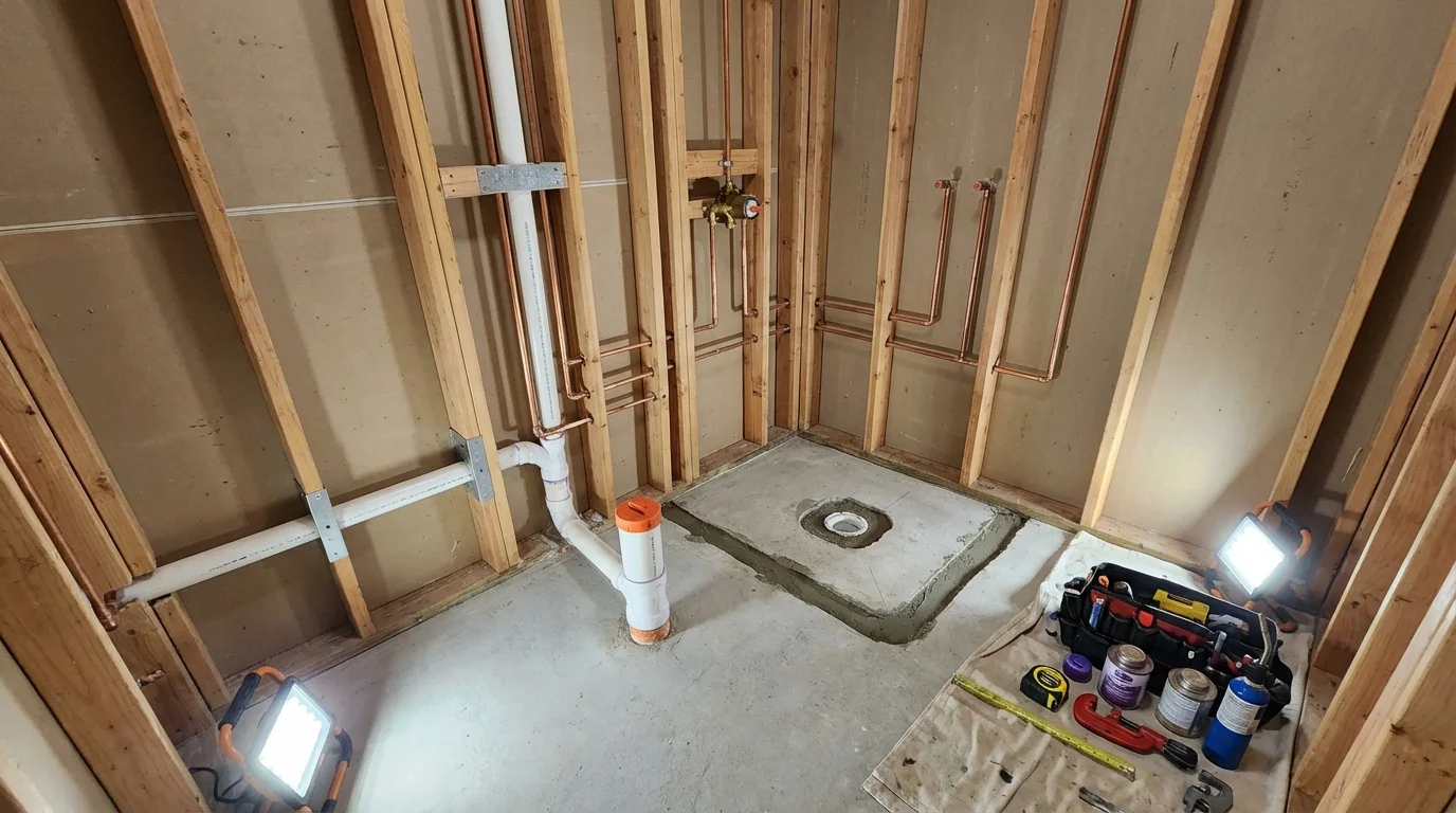 Bathroom rough-in plumbing during remodel by Johns Plumbing LLC in Fox River Grove