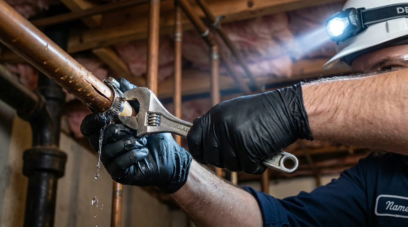 Emergency pipe clamp repair being performed by a Johns Plumbing LLC plumber in Fox River Grove