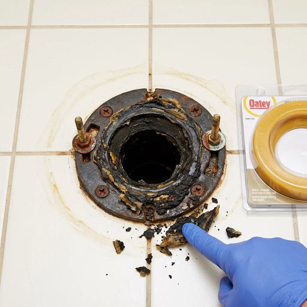 Failed wax ring showing water seepage at the base of a toilet in a Fox River Grove, IL home