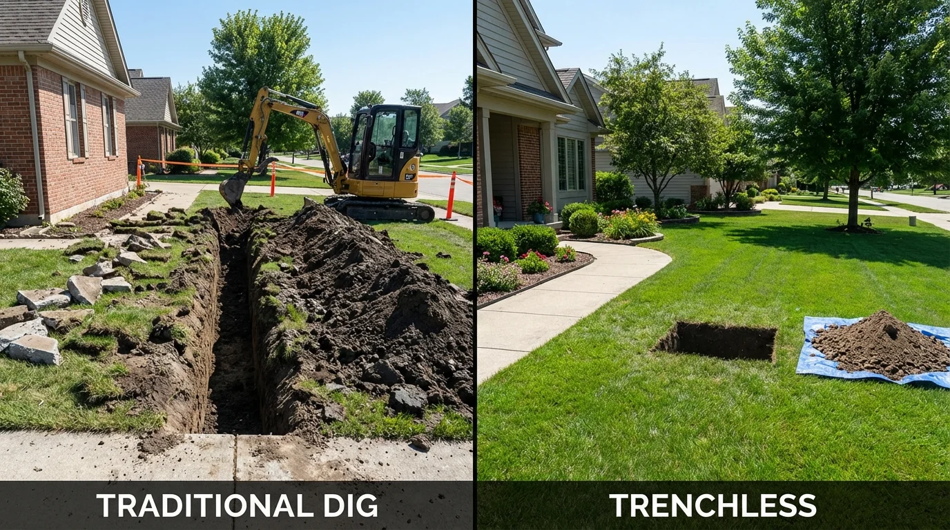 Trenchless sewer repair with minimal yard damage versus traditional excavation in Fox River Grove, IL