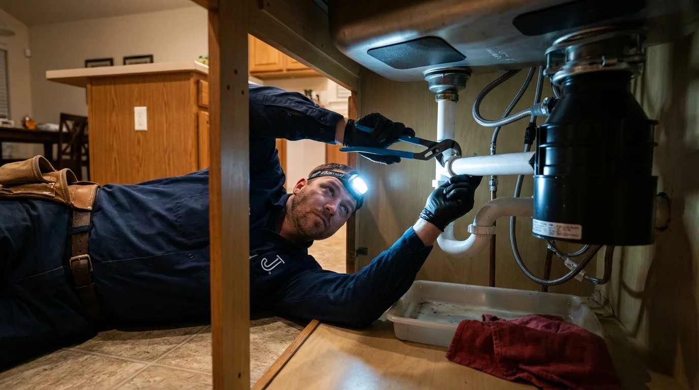 P-trap and supply line connections under a kitchen sink showing a common leak point in Fox River Grove, IL